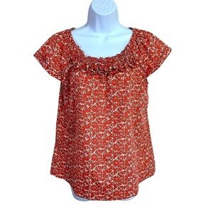 Small Banana Republic Red Geometric Print Short Sleeve Satin Blouse 4 6